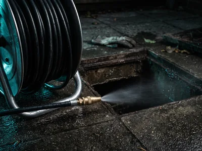High-pressure water jetter hose clearing an outdoor drain through an inspection opening
