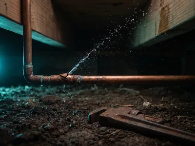 A burst copper water pipe spraying under a house, with a pipe wrench alongside