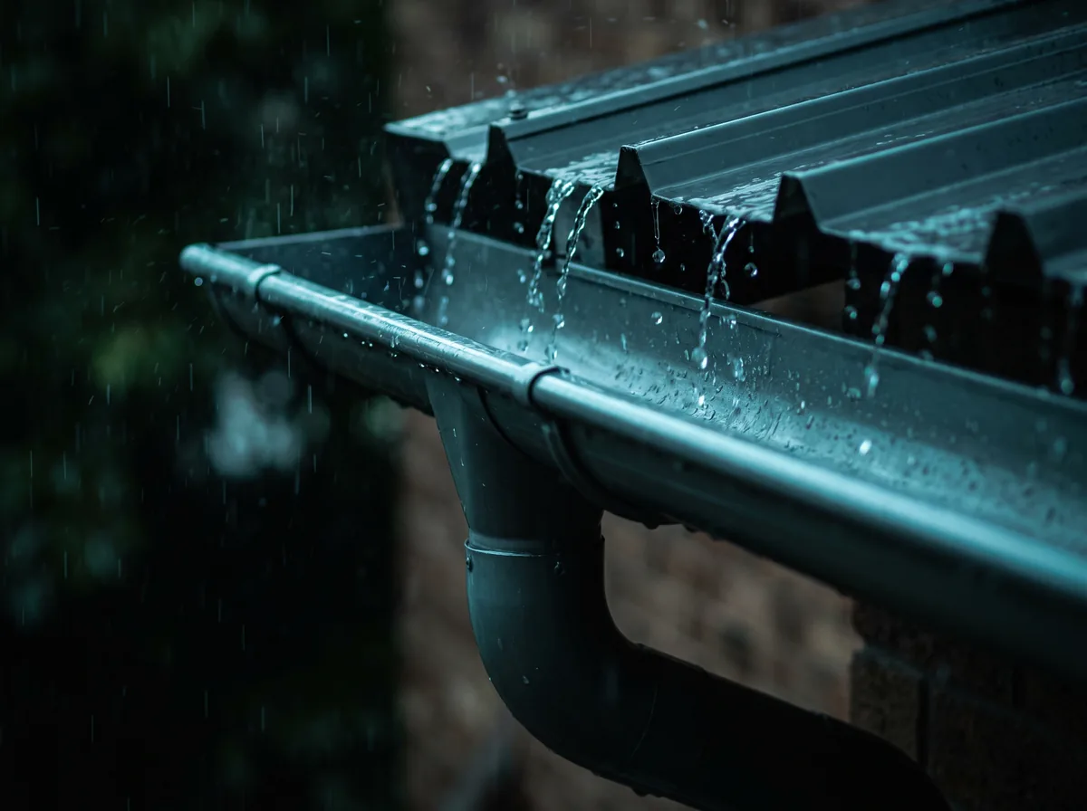 Rainwater running off a roof sheet into a newly installed steel gutter