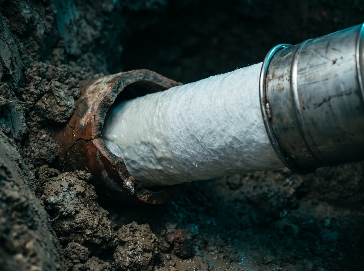 A resin-saturated relining liner being fed into a cracked underground clay pipe