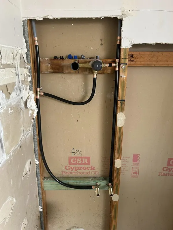 Water rough-in and gas line run through a wall cavity before sheeting